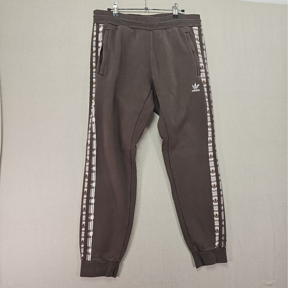 Adidas Men's Large Brown 3 Stripe Plaid Trefoil Jogger Fleece Sweatpants HZ9821